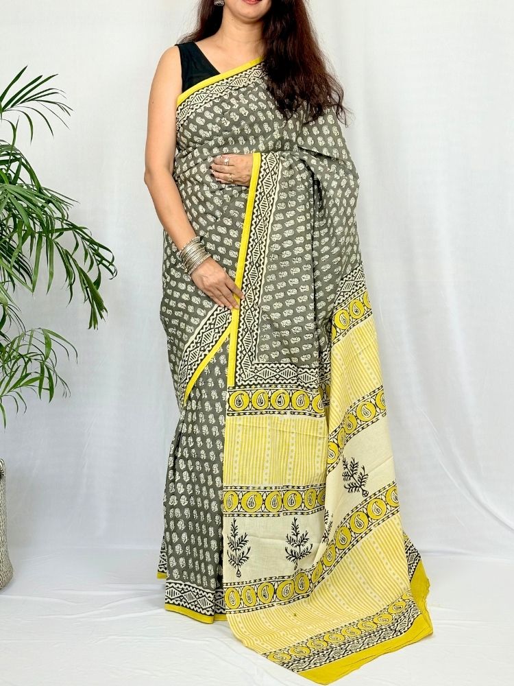 Classic Appeal – Yellow & Green Pure Cotton Handloom Saree